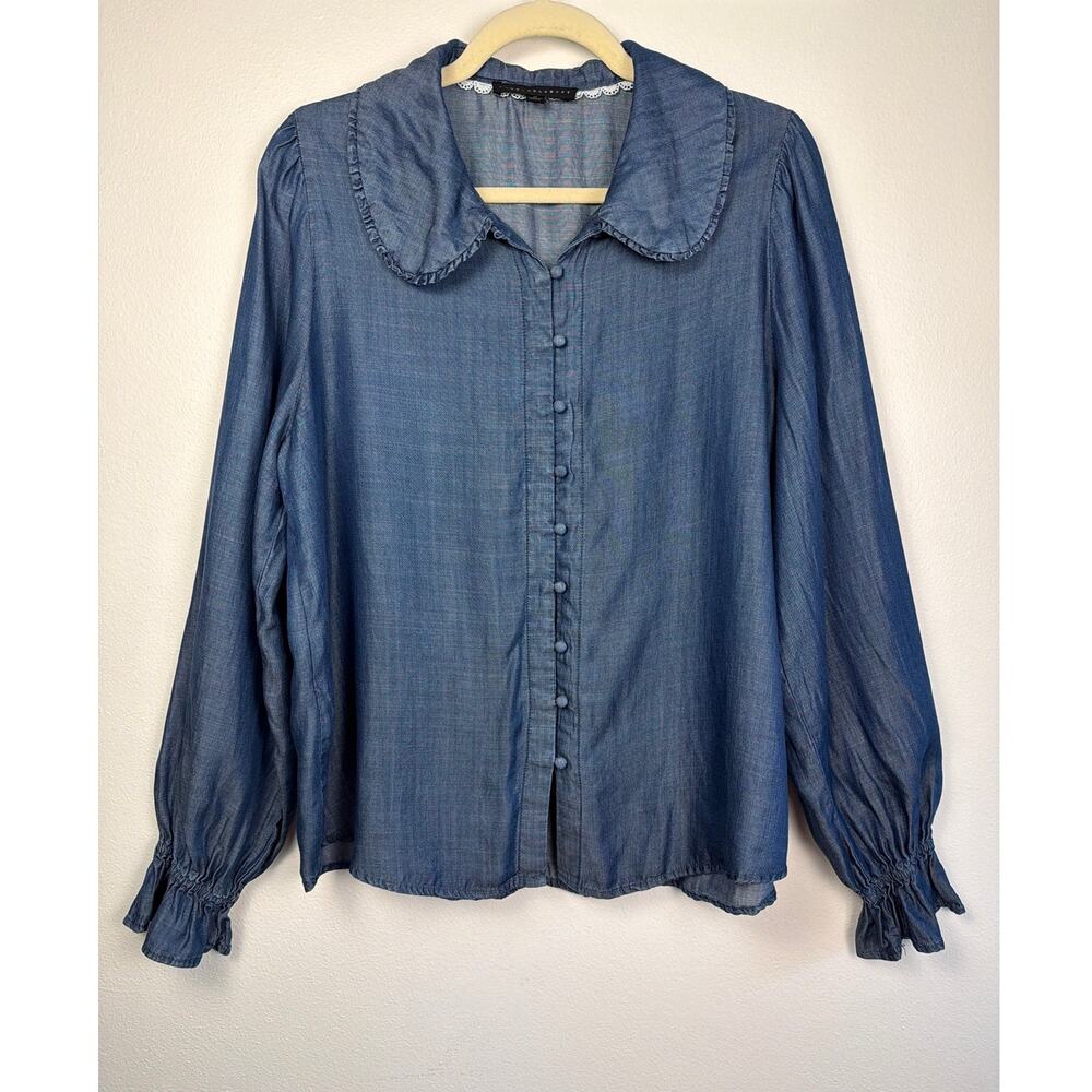 Jane + Delancey Blue Chambray 100% Lyocell Peter Pan Collar Blouse | Size M